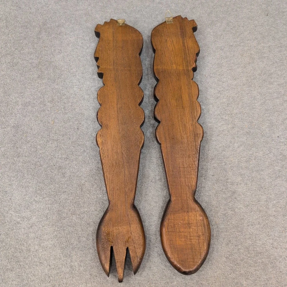 Vintage Hand Carved Wood Tribal Fork and Spoon Wall Art Set Dark Brown Decor‎